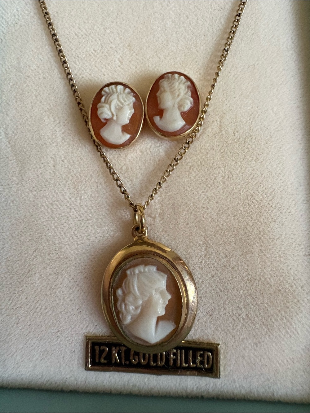 Cameo Pendant Necklace and Earring Set - White Cameo on Brown